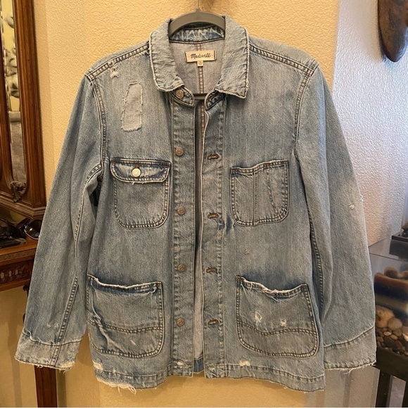 MADEWELL Women Light Blue Denim Chore Coat Archer Wash Distressed Jacket-Medium - Picture 2 of 7